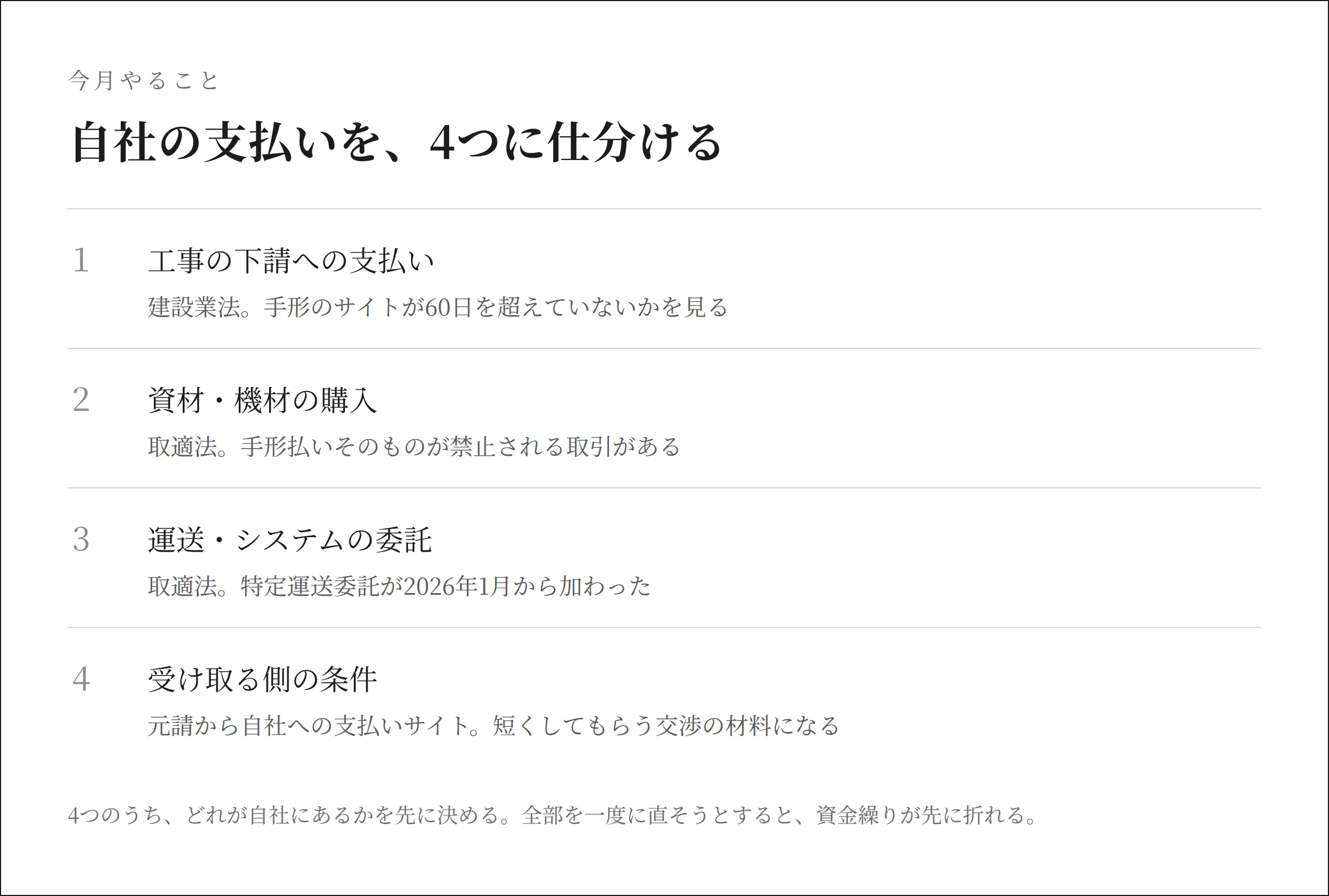 自社の支払いを4つに仕分ける手順を示す図
