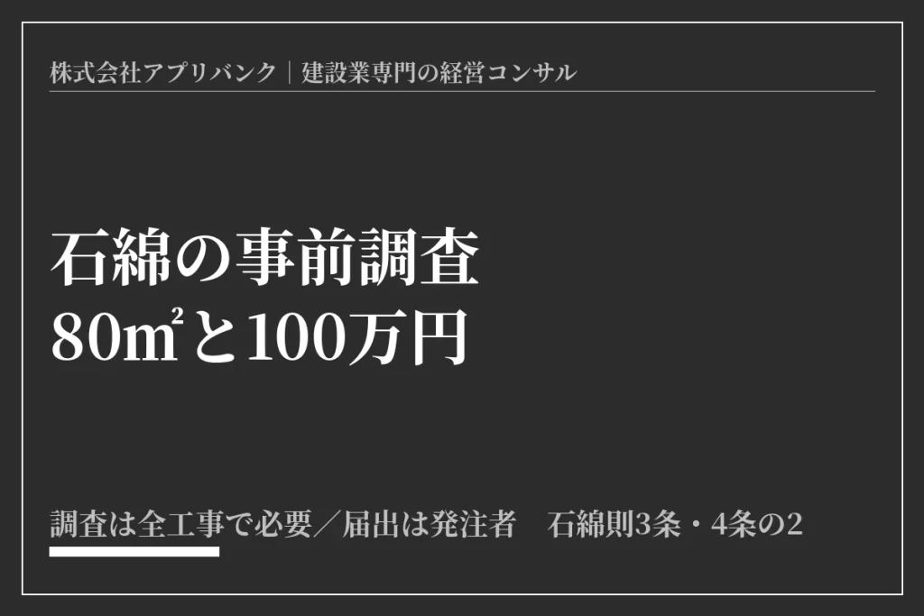 石綿の事前調査と報告の基準（解体80㎡・改修100万円）を示したアイキャッチ画像
