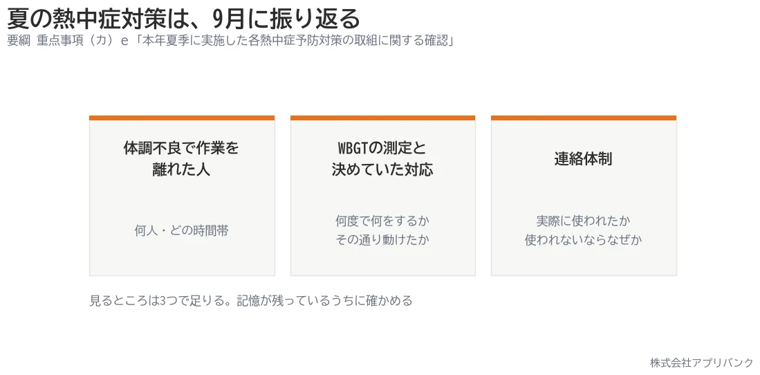 夏の熱中症対策を9月に振り返る3点。体調不良で離れた人・WBGTの測定と決めていた対応・連絡体制
