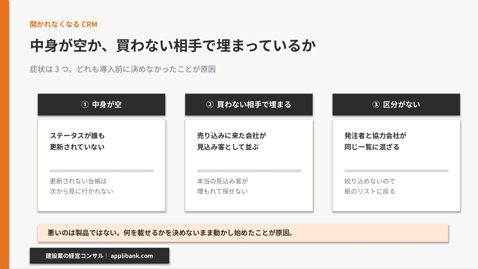 使われなくなるCRMの3つの症状。中身が空・買わない相手で埋まる・区分がない