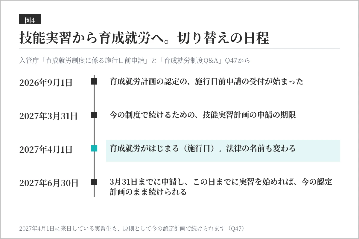 技能実習から育成就労への切り替えの日程の図。2026年9月1日に育成就労計画の施行日前申請の受付開始、2027年3月31日まで技能実習計画の申請、2027年4月1日に育成就労の施行、2027年6月30日までに技能実習を始めれば続けられる