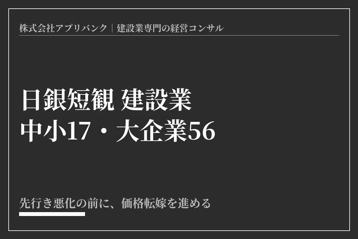 日銀短観 建設業の業況判断DI 中小17・大企業56と、先行き悪化前の価格転嫁を示すアイキャッチ